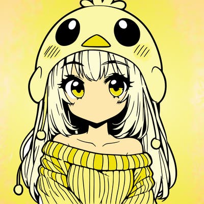 anime girl with chick shaped hat with sweater with bare shoulders with bangs covering them one eye with low tail