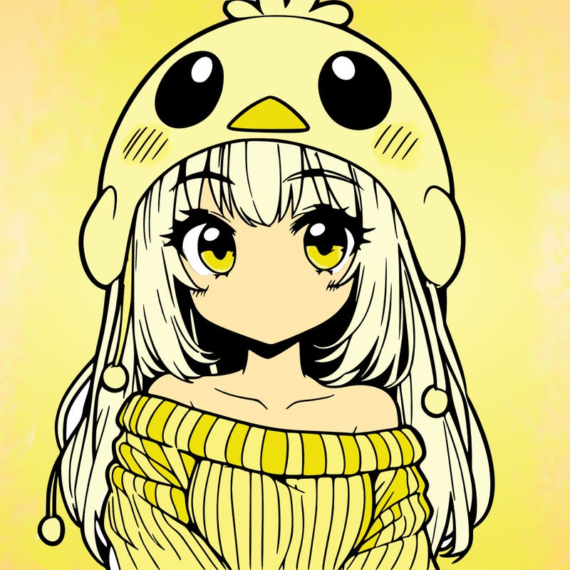 anime girl with chick shaped hat with sweater with bare shoulders with bangs covering them one eye with low tail