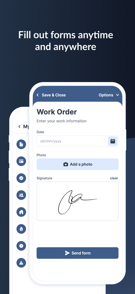 A mobile interface of MoreApp Forms showing a digital work order with date entry, photo upload, and electronic signature box