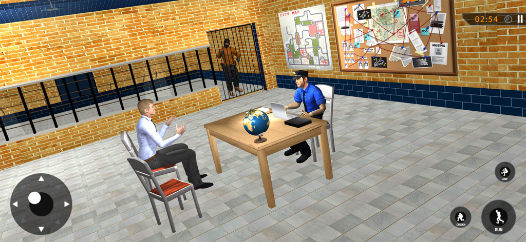 Thief  Sneak Robbery Simulator - 証拠品ボードと牢屋がある部屋で、容疑者を尋問する警察官