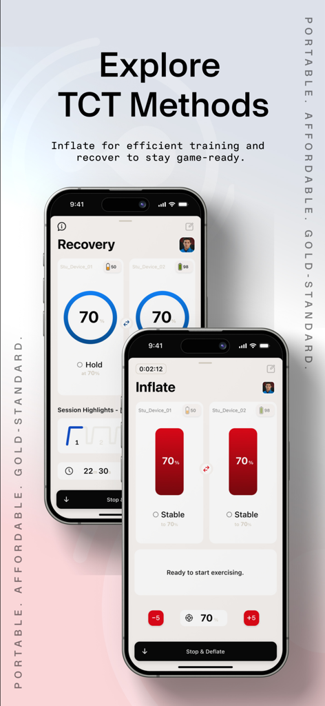 Suji Teams mobile app interface showing athlete recovery and blood flow restriction cuff inflation controls