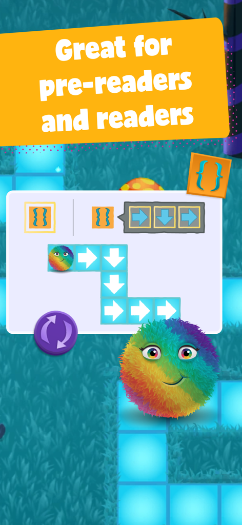 Kodable Basics - Interface do aplicativo Kodable Basics mostrando blocos de codificação visual para pré-leitores e um personagem peludo colorido