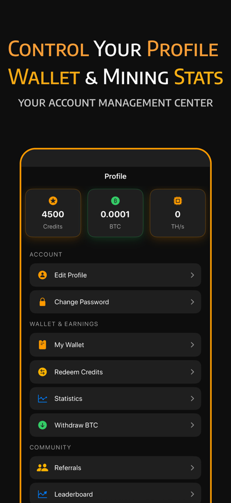BTC Miner · Bitcoin Mining - Account profile screen of the BTC Miner app featuring virtual credit balance and wallet management options