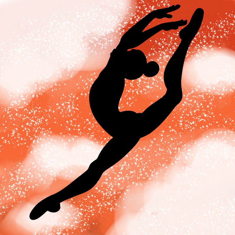gymnast doing a leap in a leotard with a bent back leg