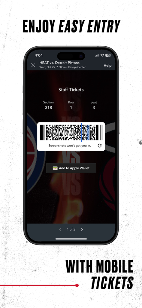 Miami HEAT Mobile app digital ticket interface for arena entry with barcode and apple wallet option