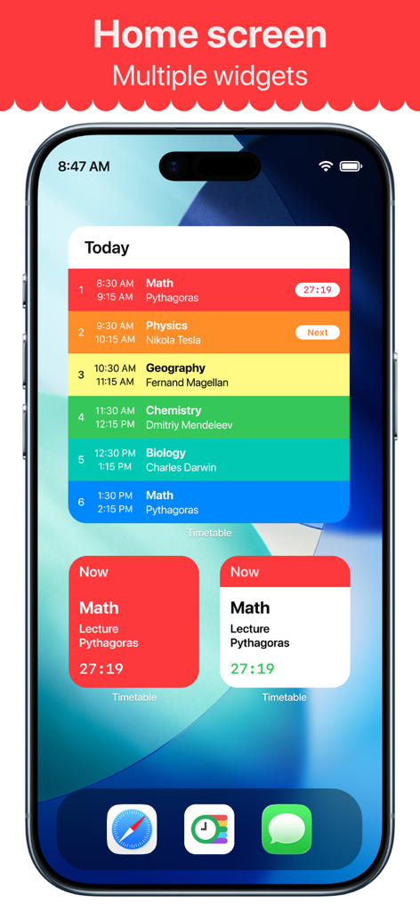 iPhone home screen featuring color-coded Smart Timetable widgets with a daily class schedule and countdown timers