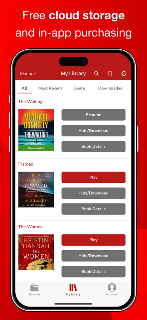 Audiobooks Now Audio Books - Screenshot of the Audiobooks Now app showing the My Library section with a list of audiobooks and playback controls on an iPhone