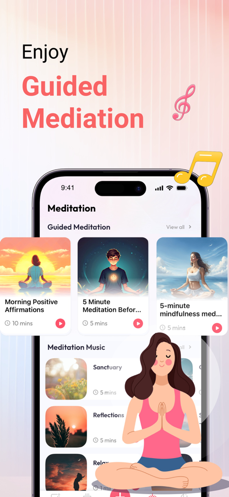 Guided meditation sessions and relaxing music interface in My Pulse app