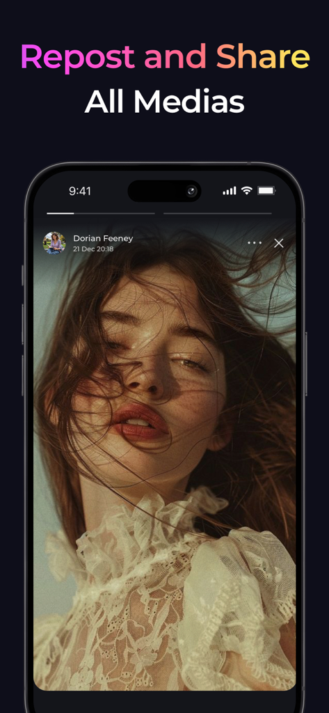 Reports+ for Followers Tracker - ソーシャルメディアコンテンツのリポストと共有機能を示すスマートフォンの画面