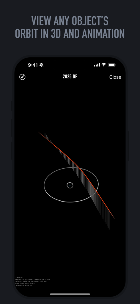 Near-Earth Asteroids Tracker - モバイル画面での小惑星軌道パスの3D可視化。