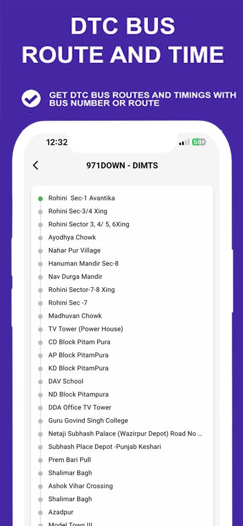 Mobile screen showing DTC bus route stops and timing information in Delhi