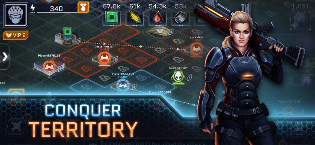 Gameplay screenshot of Operation New Earth showing a strategic territory map and a female soldier hero