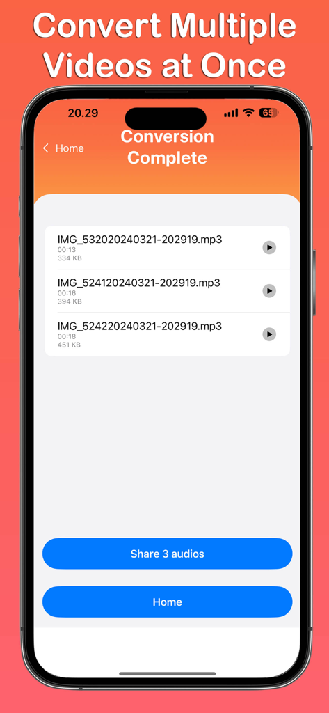 Video to MP3 Converter ~Audio - 複数の動画がMP3オーディオファイルに正常に変換されたことを示すiOSアプリのインターフェース