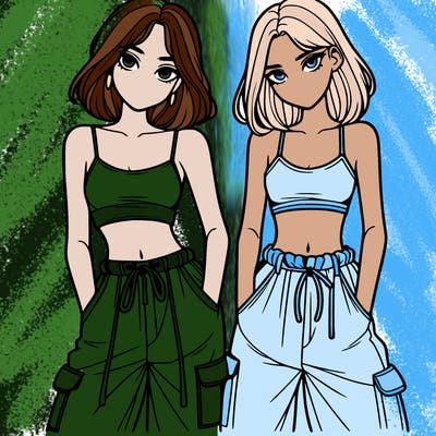 two girls with crop top with baggy pants