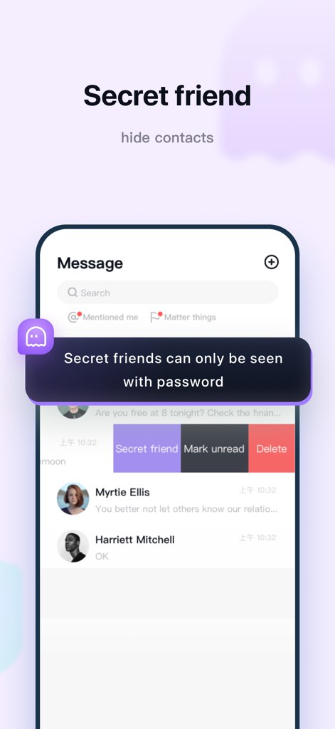 Interface of the MO Messager app showing the secret friend feature used to hide specific contacts behind a password