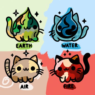 4 cats that represent the different elements, earth, water, air, and fire