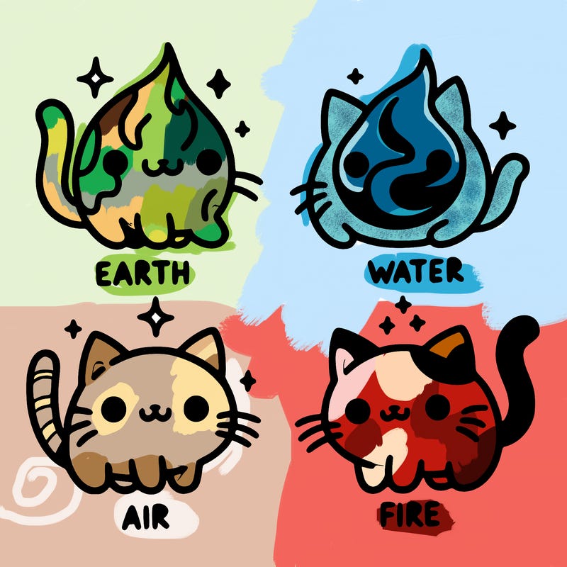 4 cats that represent the different elements, earth, water, air, and fire