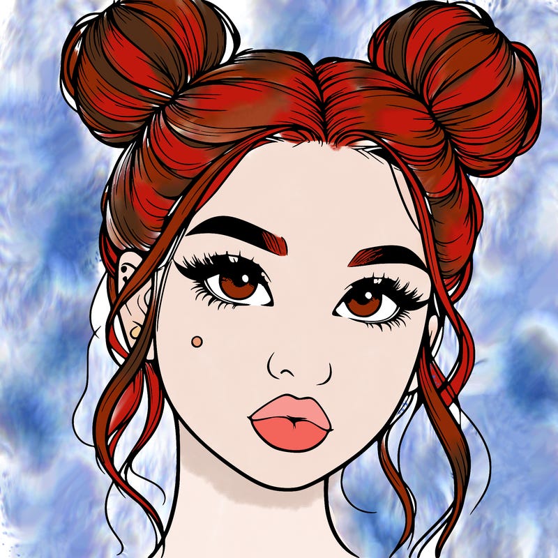 realistic girl with two buns on her hair and lips