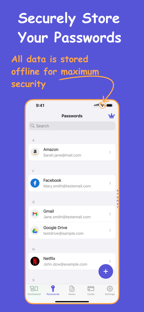 Risk Free Password Manager - Interface of the Risk Free Password Manager app showing a list of stored accounts and highlighting offline data storage for maximum security