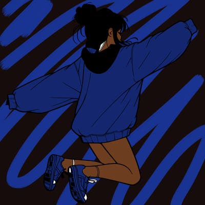 realistic girl jumping with a bun and oversized sweatshirt