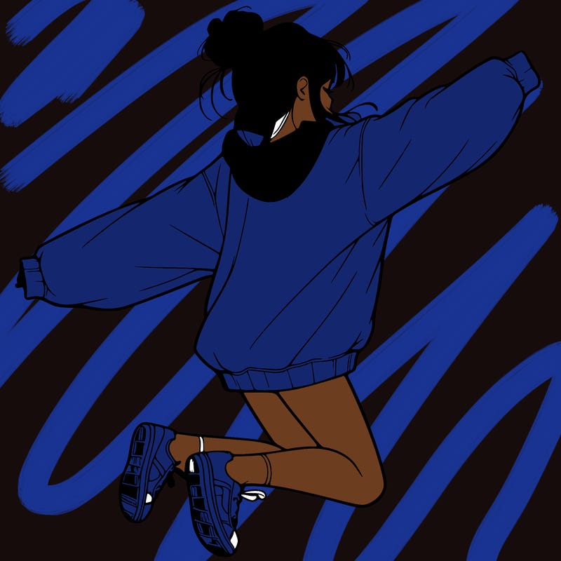 realistic girl jumping with a bun and oversized sweatshirt