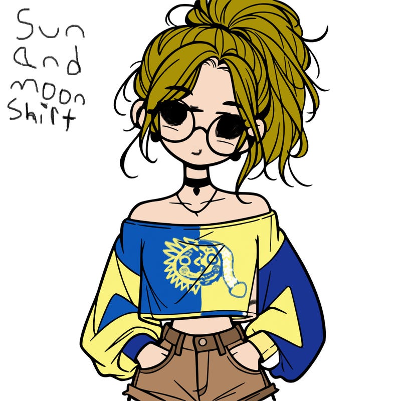 girl with a messy ponytail glasses a baggy crop top and jean shorts