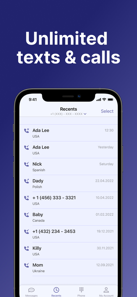 Captura de tela da tela de chamadas recentes no aplicativo móvel Text and Call Second Number mostrando uma lista de contatos e chamadas internacionais.