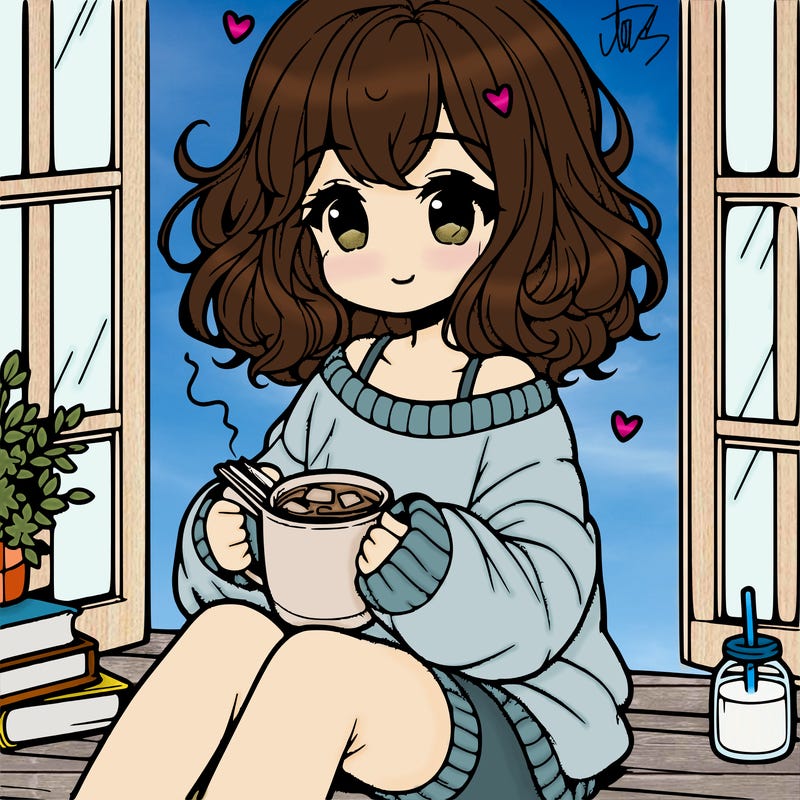 cute anime girl reading book and drinking hot chocolate from mug with loose wavy hair wearing a baggy sweatshirt and shorts sitting by windowsill looking out