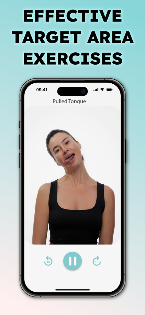 Simple Face Yoga • - Una mujer demuestra un ejercicio de yoga facial de lengua hacia arriba en la pantalla de un smartphone