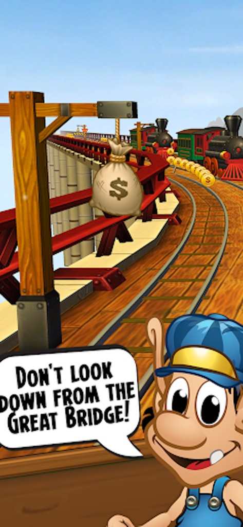 Hugo Troll Race Classic - Hugo the Troll on the Great Bridge track with a money bag and steam train