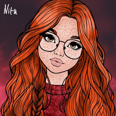 girl with long hair and freckles and glasses realistic