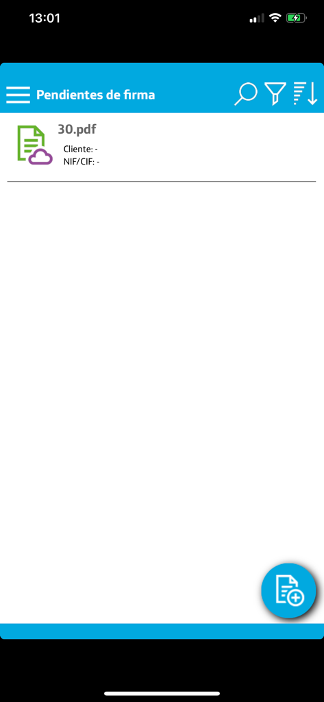 Firma Digital - Bildschirm der mobilen App, der eine Liste der zur digitalen Signatur ausstehenden Dokumente anzeigt