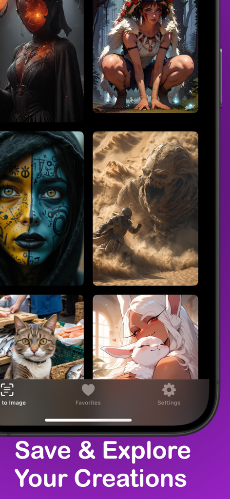 Aivi: Ai Art & Photo Generator - A mobile interface of the Aivi app showing a personalized gallery of diverse AI-generated art pieces including fantasy characters and anime styles
