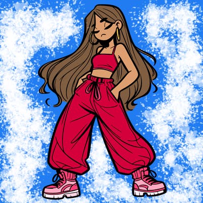 girl in baggy pants crop top and long hair