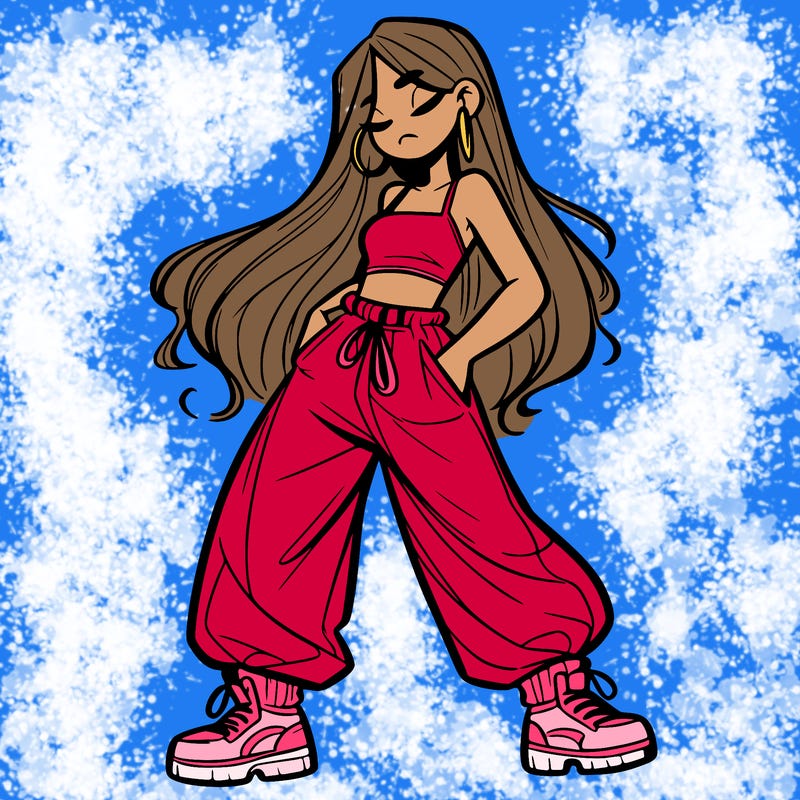 girl in baggy pants crop top and long hair