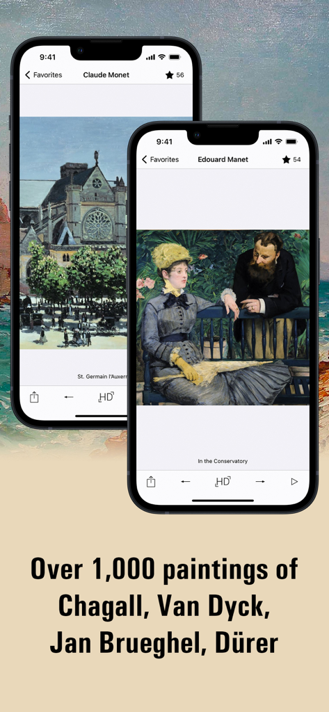 European painting HD - Smartphone screens displaying paintings by Claude Monet and Edouard Manet within the European painting HD app gallery.