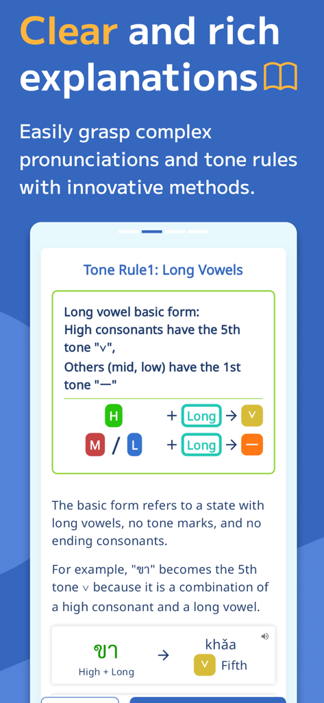 Educational interface showing Thai language tone rules for long vowels and consonants