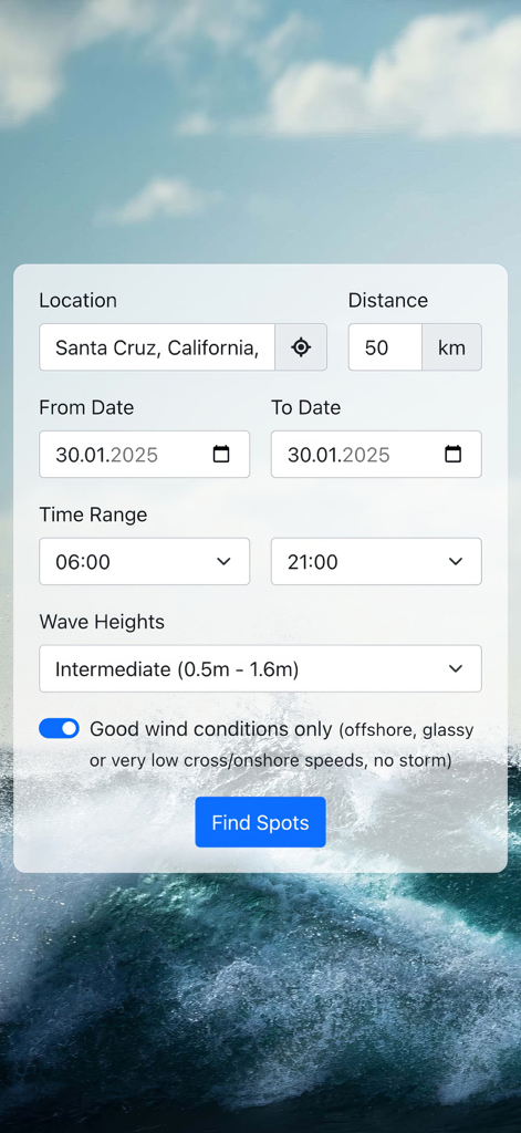 Kook Surf Finder – Spot Filter - Kook Surf Finder search interface with filters for surf conditions and location