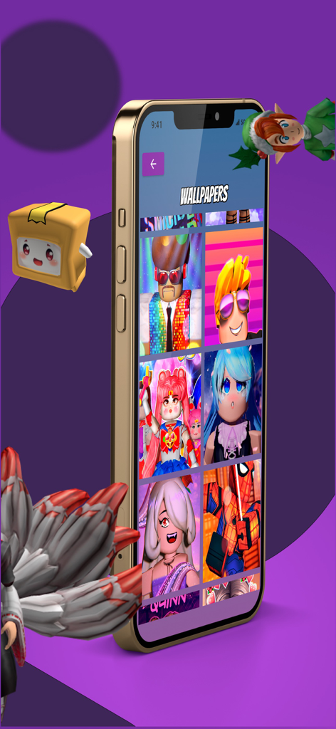RBX & Codes: Skins Coins - A smartphone showing a gallery of colorful Roblox character wallpapers.