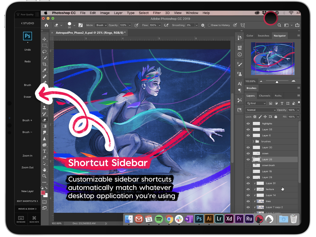 Astropad Studio shortcut sidebar showing customizable tools for Photoshop on iPad