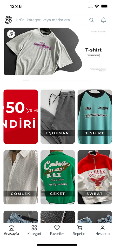 ByBasicman - ByBasicman mobile app home screen showcasing men's clothing categories and latest t-shirt collection