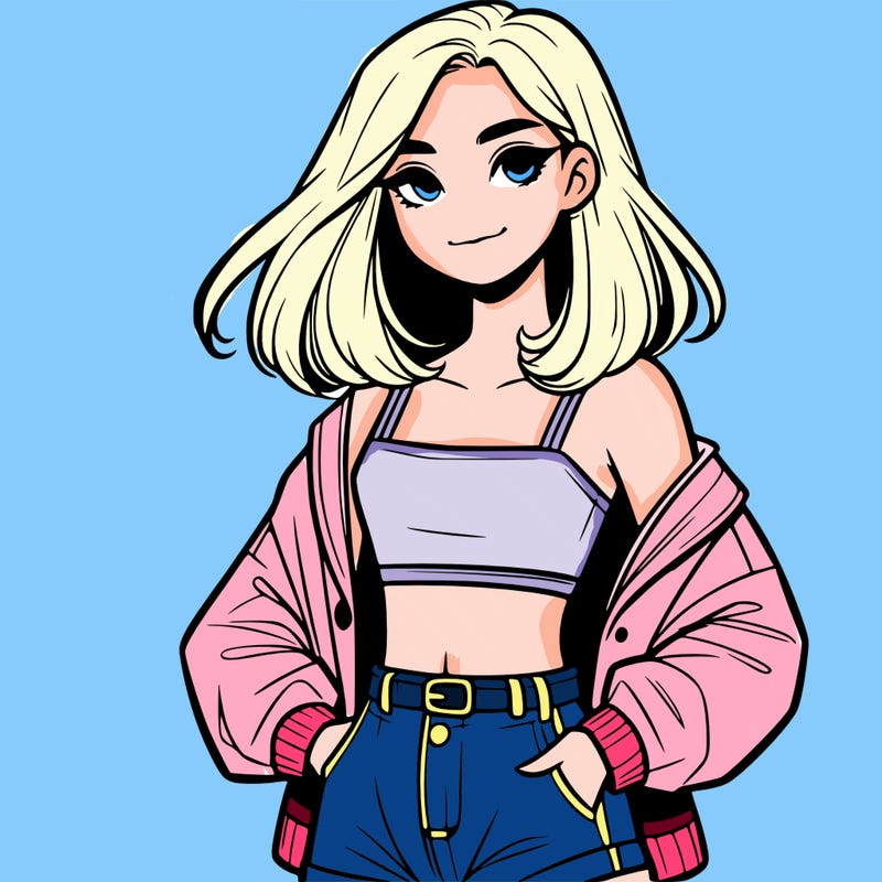 a realistic girl with a crop top and short shorts in an open jacket
