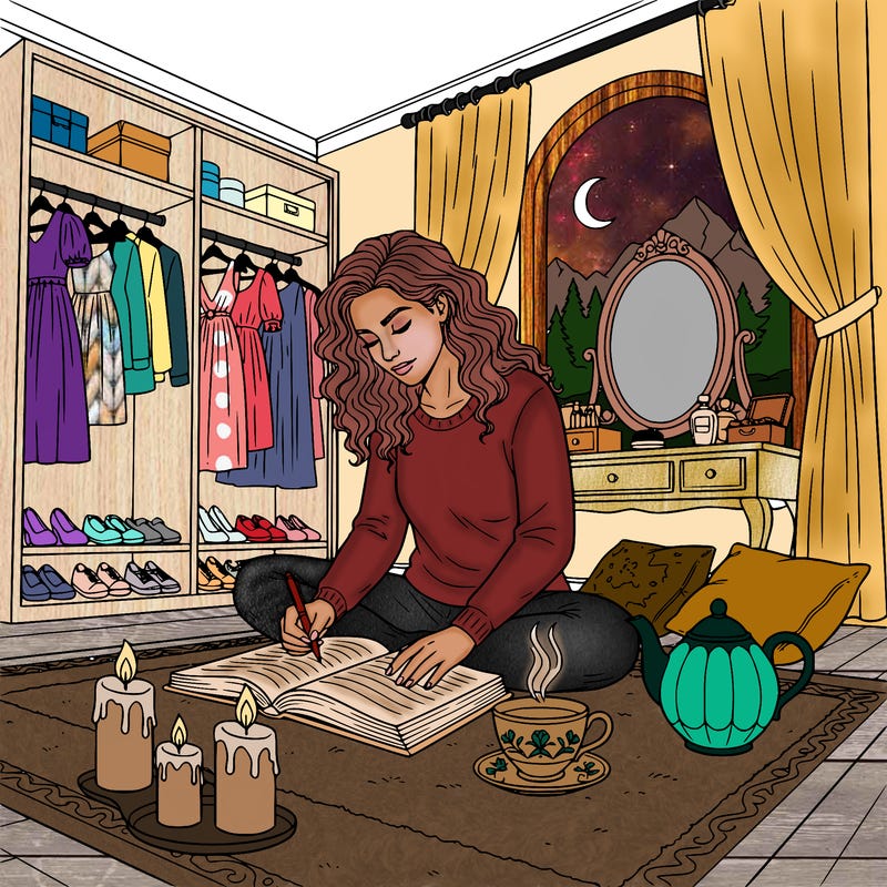 a realistic woman writing in a journal with tea and candles around her quiet reflective mood in her bedroom with a full closet, vanity set and a window view