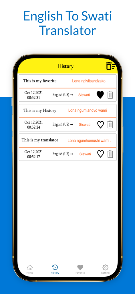 English To Swati Translator - Translation history screen of the English to Swati Translator app showing phrases translated from English to Siswati