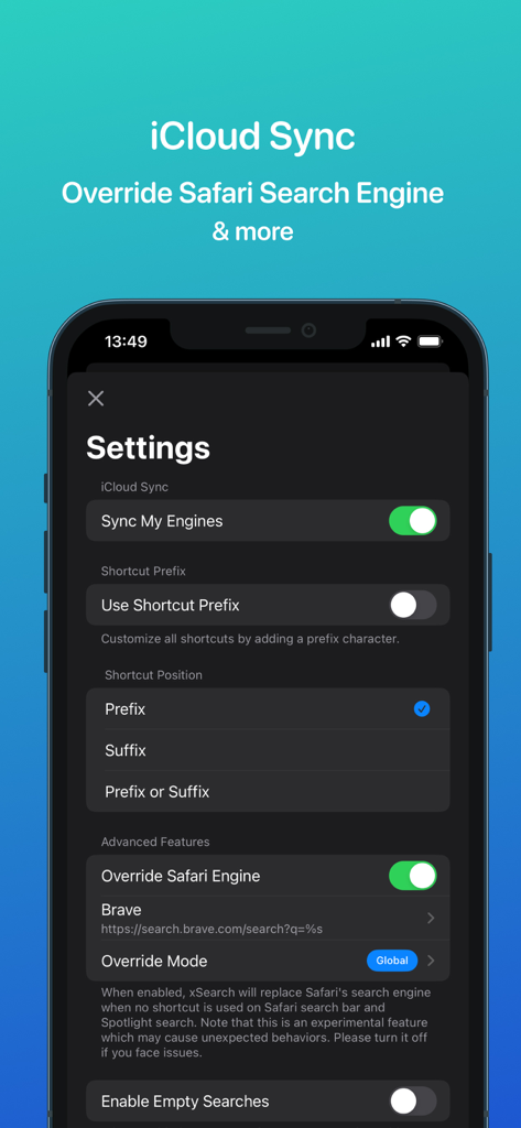 Settings screen for xSearch for Safari showing iCloud synchronization and search engine override options