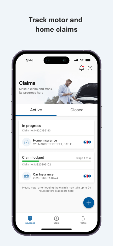 GIO App - Interface of the GIO app showing the tracking of home and motor insurance claims with status updates.