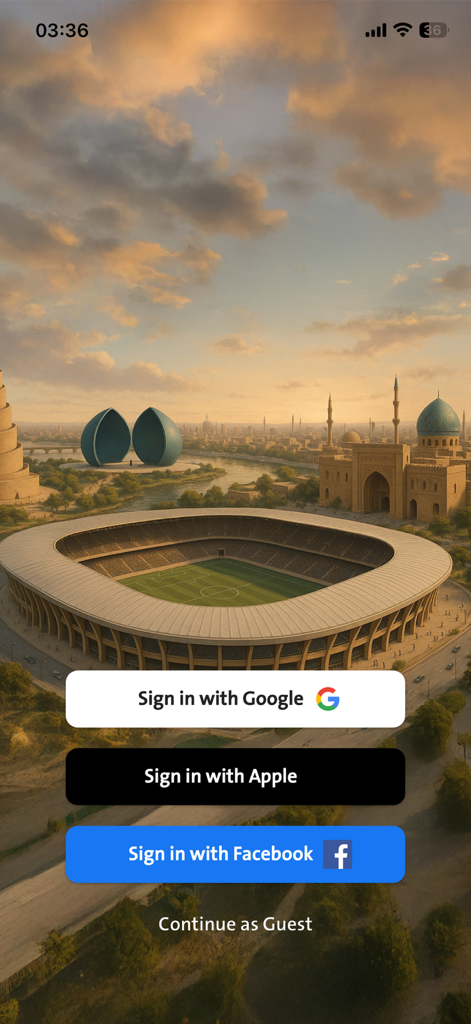 Fantasy Iraq - Login screen for Fantasy Iraq app with social sign in buttons and Iraqi stadium landscape