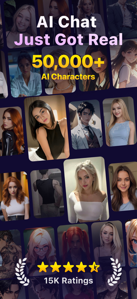 A diverse grid of over 50000 AI characters in the ChaChat app for immersive fantasy roleplay and chat.