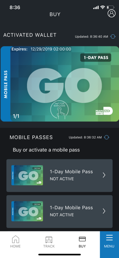 GO Miami-Dade Transit app interface for buying and managing mobile passes
