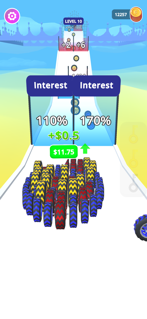 Money Rush - Captura de pantalla del juego móvil Money Rush que muestra elementos pasando por puertas de interés para multiplicar las ganancias